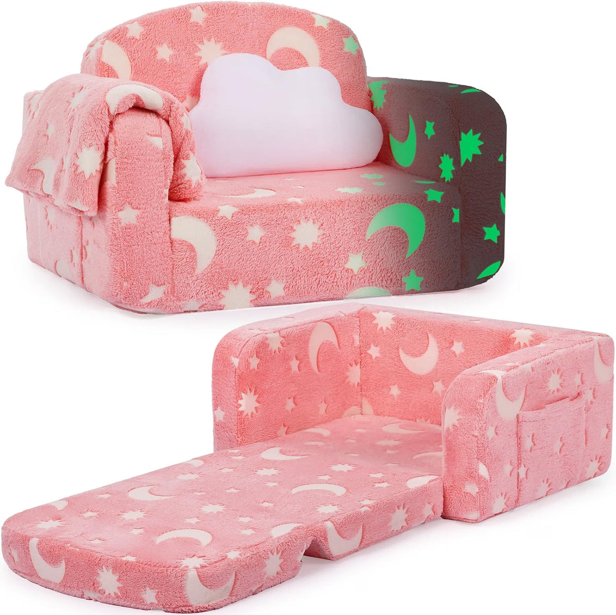 Toddler Couch Fold Out with Blanket and Cloud Pillow, Glow in the Dark, Convertible Sofa