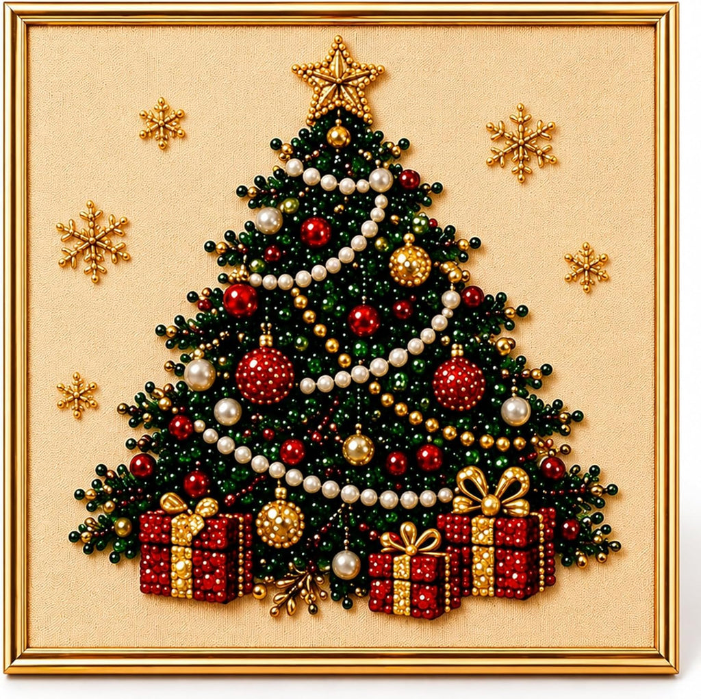 DIY Christmas Pearl Diamond Painting Art Kit with Frame, Christmas Pearl Beads Art Craft for Adults Beginner, Gemstone Diamond Dots Beads Painting for Home Wall Decor (Christmas Tree)