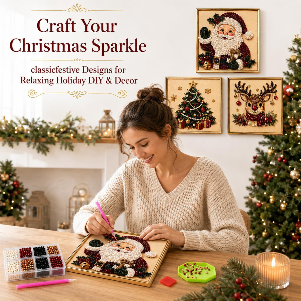 DIY Christmas Pearl Diamond Painting Art Kit with Frame, Christmas Pearl Beads Art Craft for Adults Beginner, Gemstone Diamond Dots Beads Painting for Home Wall Decor (Christmas Tree)