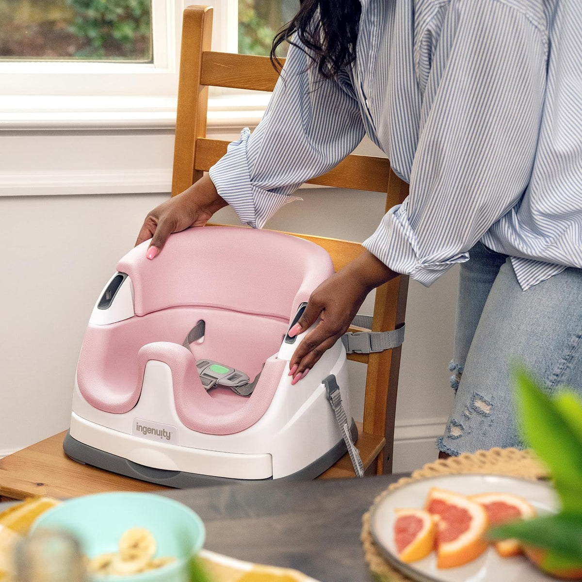 Baby Base 2-In-1 Booster Feeding and Floor Seat with Self-Storing Tray - Peony