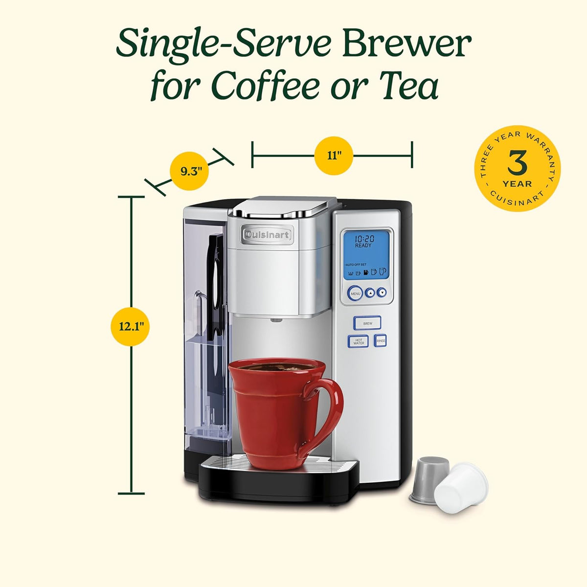 Coffee Maker, Single Serve 72-Ounce Reservoir Pod Coffee Machine, Programmable Brewing & Hot Water Dispenser, 5 Cup-Size Settings, Stainless Steel, SS-10P1, Silver