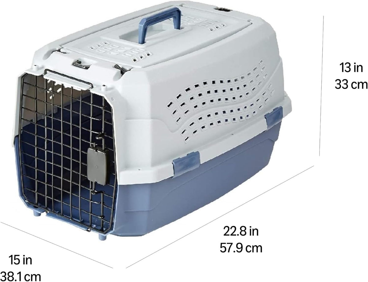 Sturdy Portable 2-Door Top-Load Hard-Sided Pet Travel Carrier with Secure Ventilation, Handle, Front & Top Entry for Dogs, Cats, 22.8"L X 15"W X 13"H, Gray & Blue