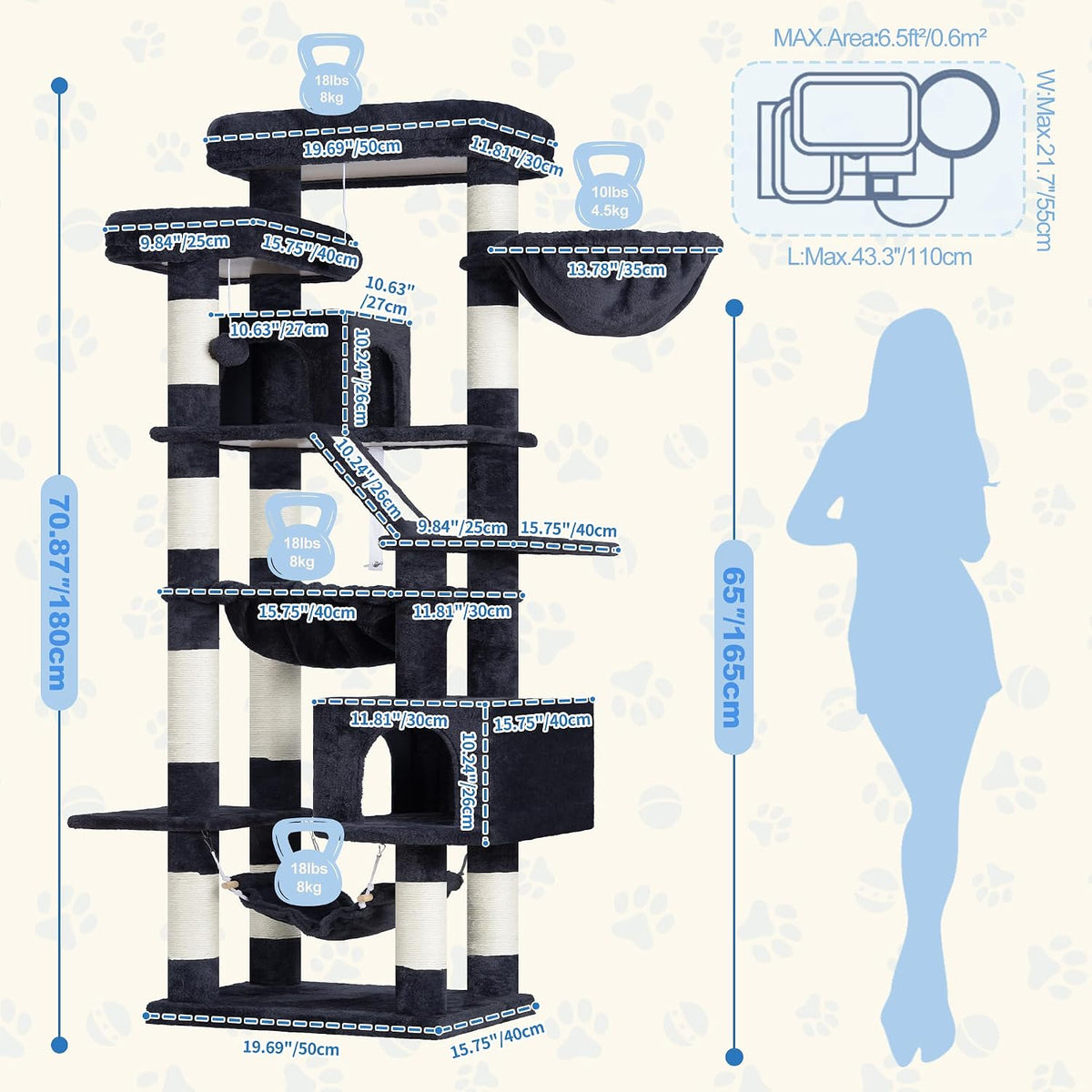 Cat Tree, 71-Inch-Tall Tower for Indoor Cats with 2 Perches HCT034G