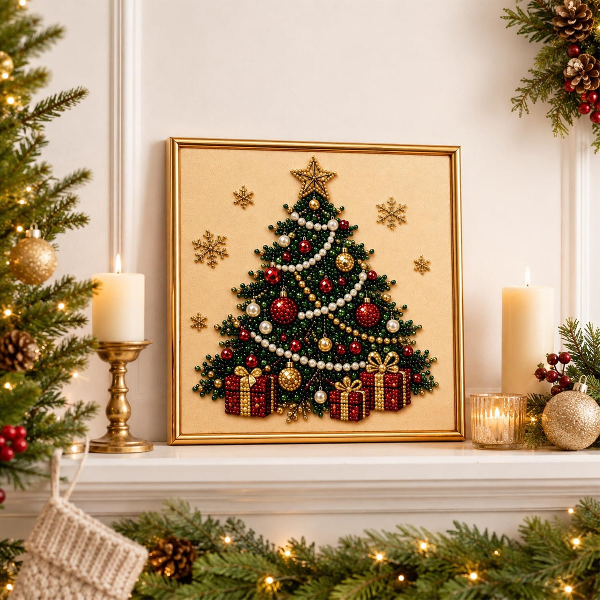 DIY Christmas Pearl Diamond Painting Art Kit with Frame, Christmas Pearl Beads Art Craft for Adults Beginner, Gemstone Diamond Dots Beads Painting for Home Wall Decor (Christmas Tree)