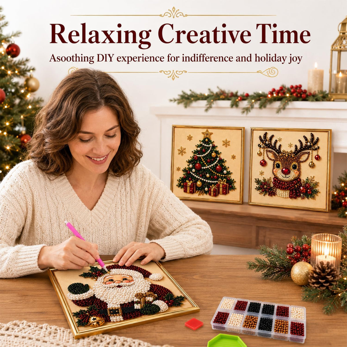 DIY Christmas Pearl Diamond Painting Art Kit with Frame, Christmas Pearl Beads Art Craft for Adults Beginner, Gemstone Diamond Dots Beads Painting for Home Wall Decor (Christmas Tree)