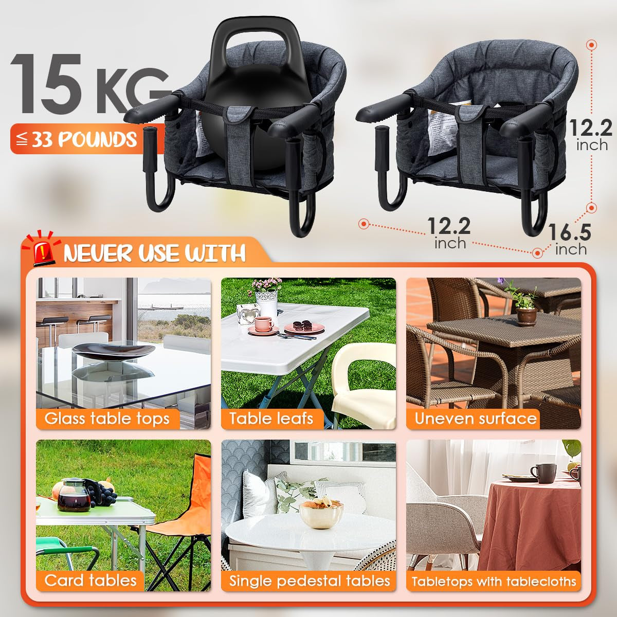 Hook-On High Chairs - Portable & Foldable for Babies 6-36 Months, Family & Travel Use with Carry Bag (Grey)