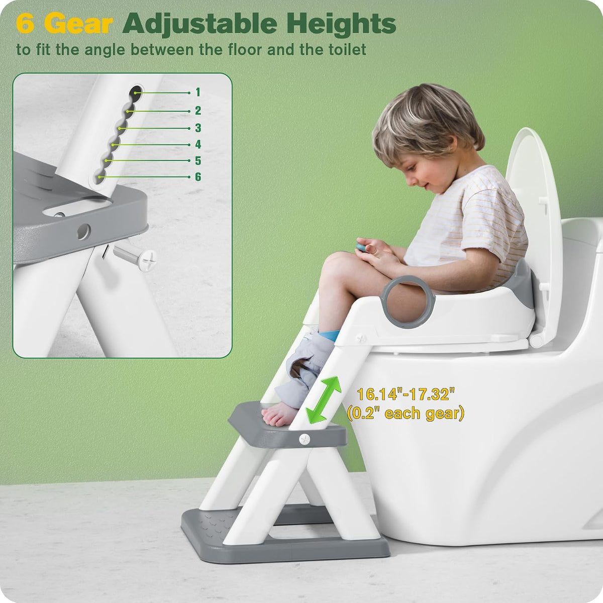 ® Potty Training Seat, Toddler Toilet Seat for Kids Boys Girls, 2 In1 Potty Training Toilet with Step Stool, 6 Adjustable Height, Splash Guard, Stable Triangular Anti-Slip Design(Grey)