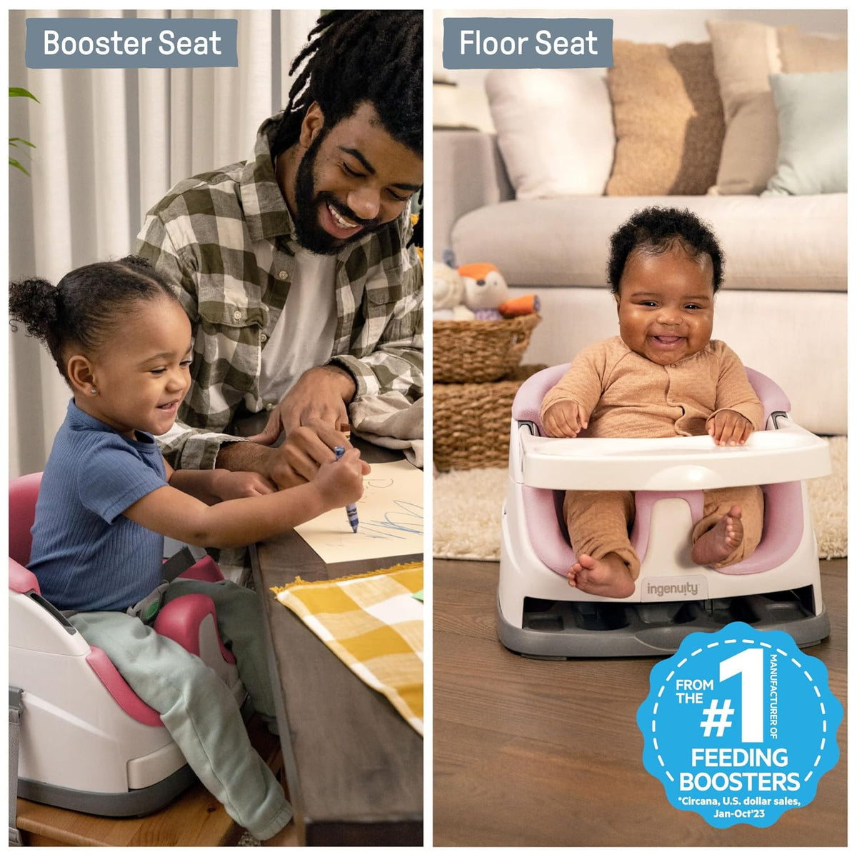 Baby Base 2-In-1 Booster Feeding and Floor Seat with Self-Storing Tray - Peony