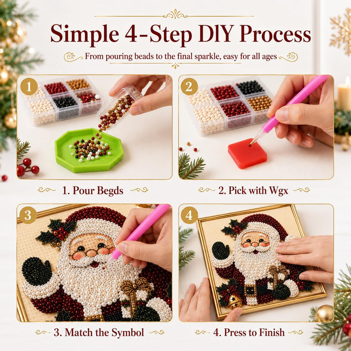 DIY Christmas Pearl Diamond Painting Art Kit with Frame, Christmas Pearl Beads Art Craft for Adults Beginner, Gemstone Diamond Dots Beads Painting for Home Wall Decor (Christmas Tree)